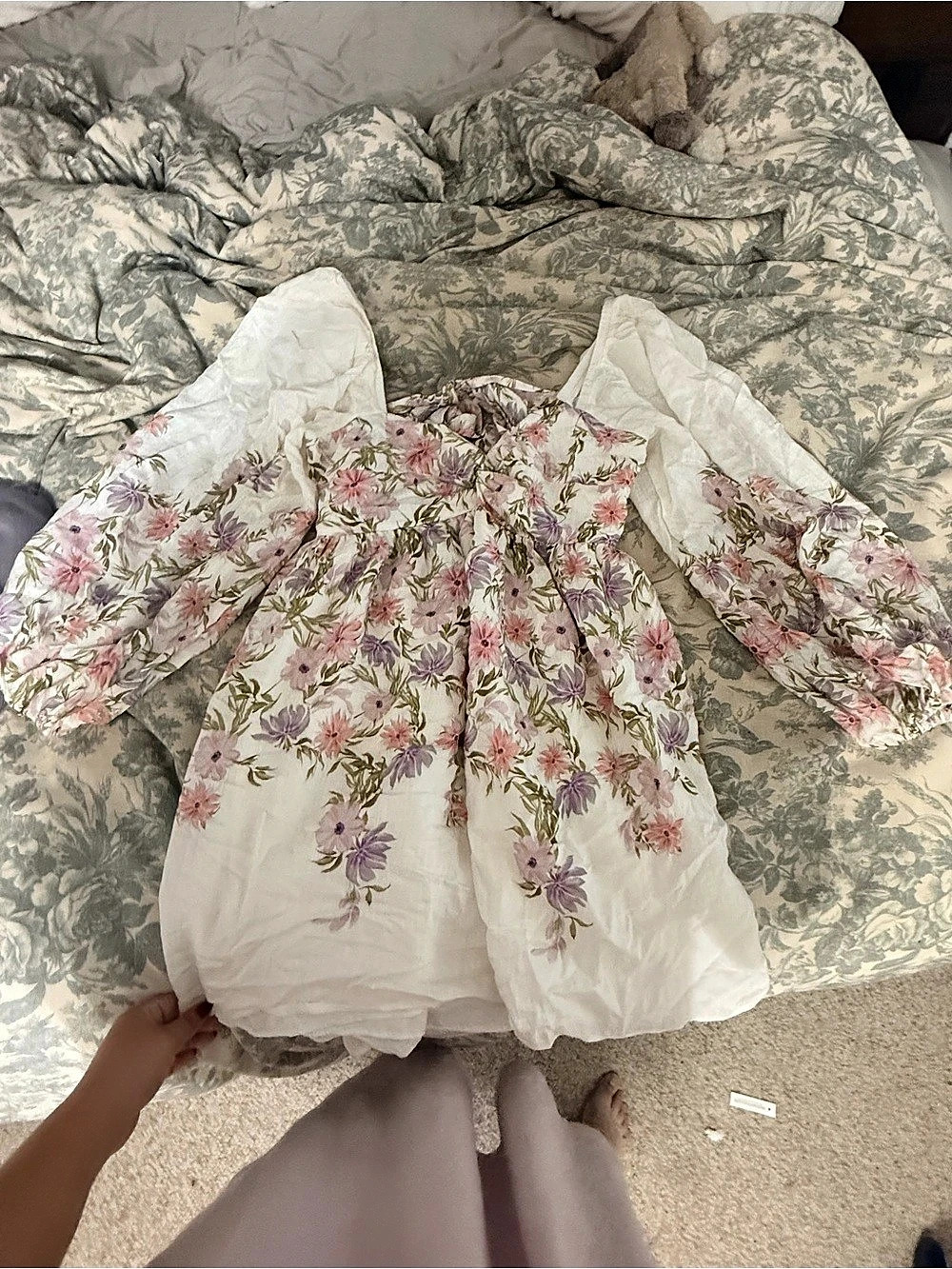 Express Floral Square Neck Puff Sleeve Mini Dress White & Pink Medium